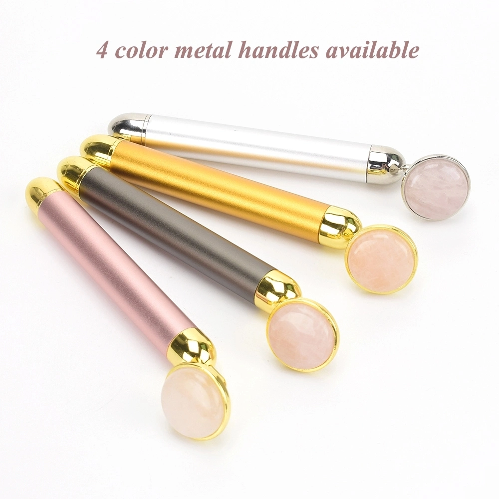 Rose Gold Massage Stick Energy Vibration Face Facial Beauty Bar with Rose Quartz Jade Round Disc